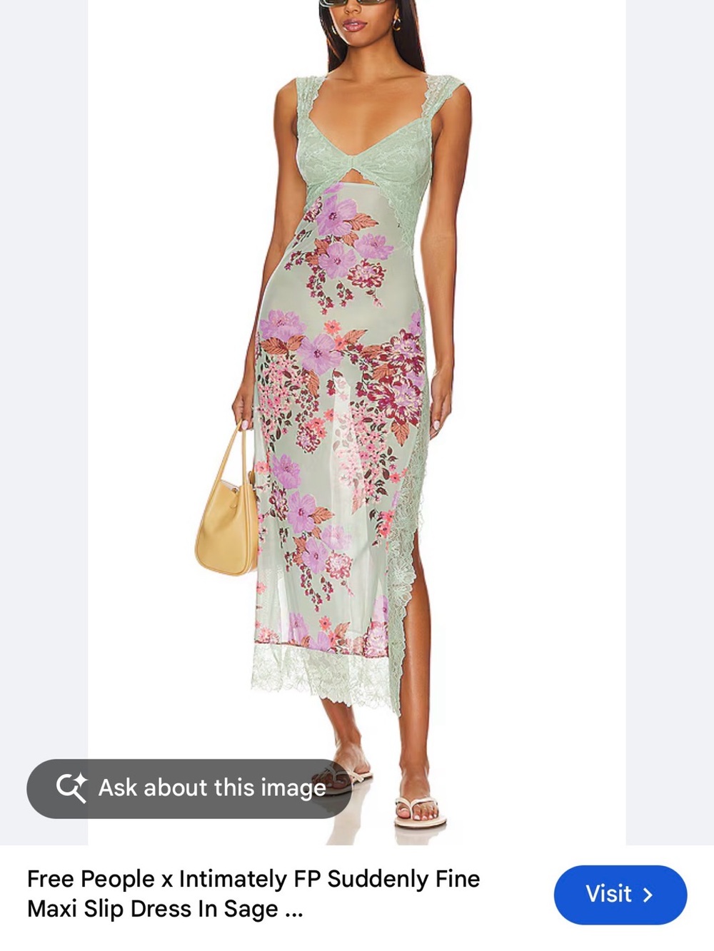 Free People Sage Floral Lace-Trim Maxi Slip Dress